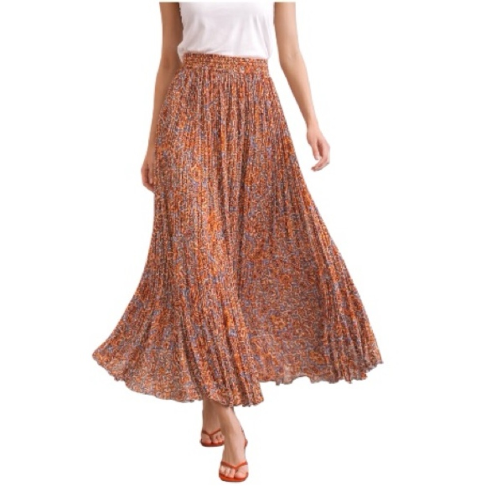 Boho Micro-Pleated Midi Skirt | Coral + Blue | Flowy Festival Midi Skirt | Large